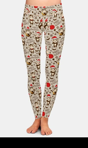 Ladies Cute Christmas Monkey Design Printed Leggings