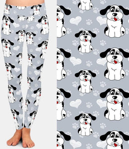 Ladies 3D Cartoon Dogs, Paw Prints & Hearts Leggings