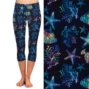 Beautiful Starfish and Fish Print Womens Capri Leggings