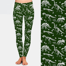 Laden Sie das Bild in den Galerie-Viewer, Ladies Green &amp; White Dinosaur Skeletons Printed Leggings