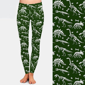 Ladies Green & White Dinosaur Skeletons Printed Leggings