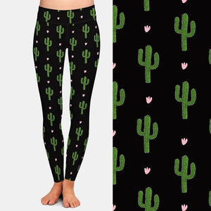 Ladies Fashion Cactus Printed Brushed Leggings