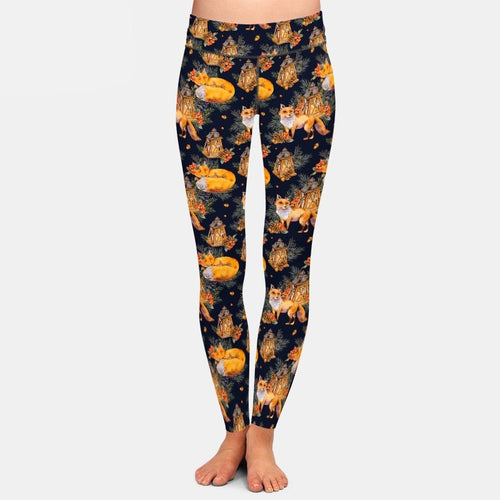 Ladies Milk Silk Cute Foxes & Antique Lanterns Printed Leggings