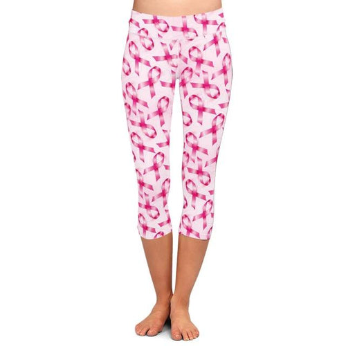 Ladies White With Pink Ribbons Printed Capri Leggings