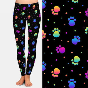 Ladies Cute Colourful Dog Paw Prints Patterned Leggings