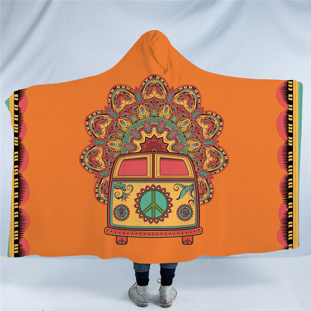 Watercoloured And Mandala Printed Mini Vans - Sherpa Fleece Hooded Blankets
