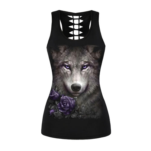 Ladies Wolf Design Cut-Out Back Tank Top