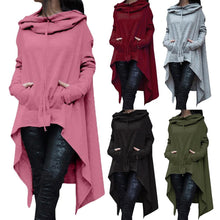 Carica l&#39;immagine nel visualizzatore di Gallery, Womens Cotton Blend Solid Colour Asymmetric Hem Drawstring Hooded Sweatshirts