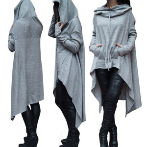 Womens Cotton Blend Solid Colour Asymmetric Hem Drawstring Hooded Sweatshirts