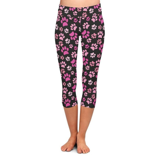 Ladies Cute Pink Dog Paws Printed Capri Leggings