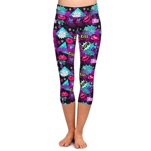 Ladies Comics Style Kiss & Lips Printed Capri Leggings