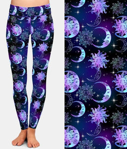 Ladies Beautiful Night Sky Sun Moon and Stars Digital Printed Leggings