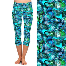 Load image into Gallery viewer, Ladies Blue Butterflies Printed Capri Leggings