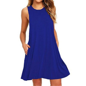 Ladies Sleeveless Summer Casual Cotton Solid Colour Dress With Pocket