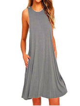 Laden Sie das Bild in den Galerie-Viewer, Ladies Sleeveless Summer Casual Cotton Solid Colour Dress With Pocket