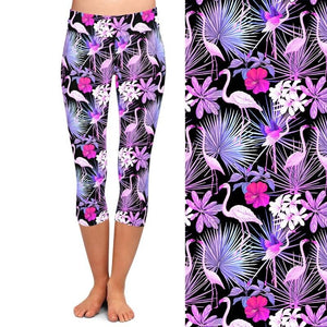 Ladies 3D Tropical Plants, Flowers & Flamingo Printed Capri Leggings
