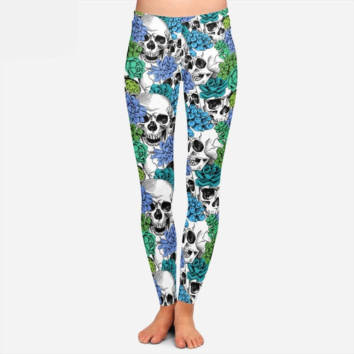 Ladies Cool 3D Skulls & Flowers Design Printed Leggings