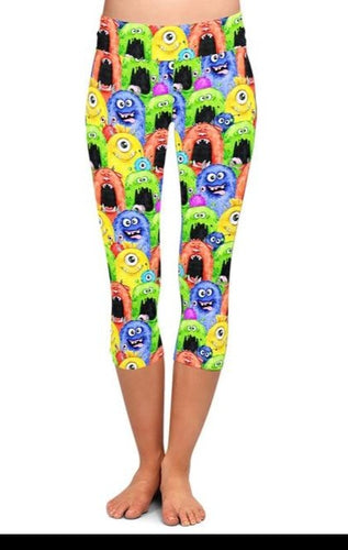 Ladies 3D Funny Monsters Brushed Capri Leggings