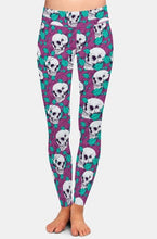 Load image into Gallery viewer, Ladies Purple Leggings With White Skulls &amp; Leaves