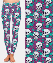 Load image into Gallery viewer, Ladies Purple Leggings With White Skulls &amp; Leaves