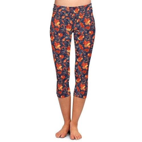 Ladies Paisley/Orange Floral Patterned Soft Brushed Capri Leggings