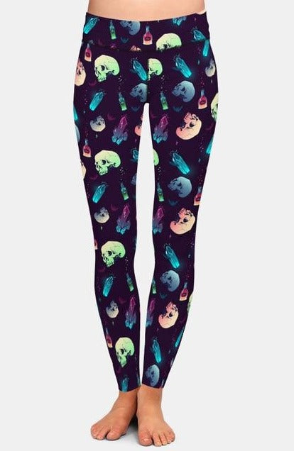 Halloween Style Crystals, Skulls And Potions Printed Brushed Leggings