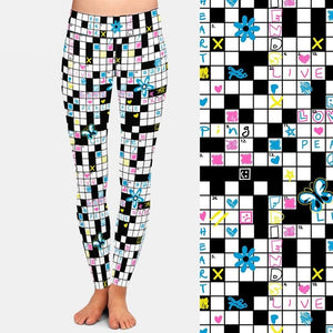 Ladies Crossword Puzzle With Flowers & Butterflies Printed Leggings