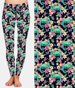 Ladies Fashion Green Chameleon & Butterflies Printed Leggings