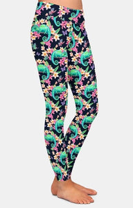 Ladies Fashion Green Chameleon & Butterflies Printed Leggings