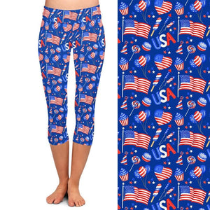 Ladies 3D American Flags & Designs Printed Capri Leggings