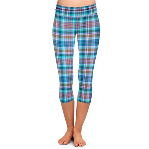 Ladies Blue Plaid Printed Capri Leggings