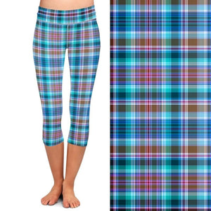 Ladies Blue Plaid Printed Capri Leggings