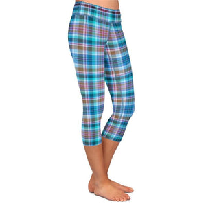 Ladies Blue Plaid Printed Capri Leggings