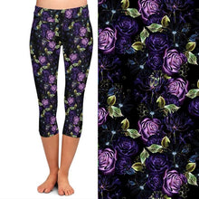 Load image into Gallery viewer, Ladies Purple Roses Capri Leggings