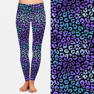 Ladies Beautiful 3D Purple Leopard Print & Leaves Patterned Leggings