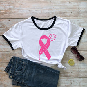 Womens Pink Ribbon Feather & Birds Flying BCA T-Shirt