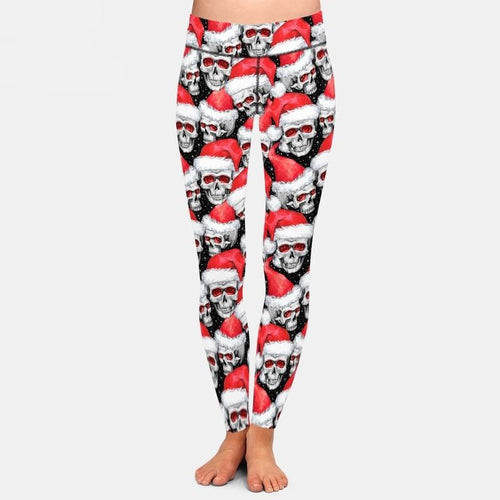 Ladies 3D Sketchy Skulls In Santa Hats Printed Leggings