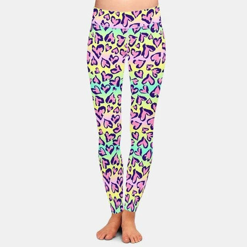 Ladies Colourful Pastel Leopard Hearts Printed Leggings