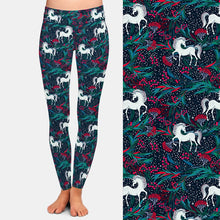 Load image into Gallery viewer, Ladies Unicorns &amp; Christmas Plants &amp; Berries Printed Leggings