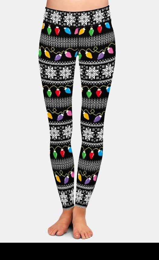 Womens Colourful Christmas Lights & Snowflakes Printed Leggings