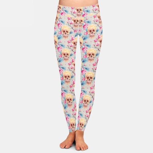 Ladies Skull & Pink Flowers Printed Leggings