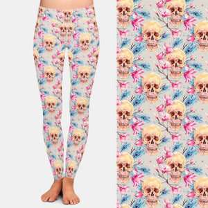 Ladies Skull & Pink Flowers Printed Leggings