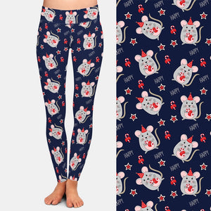 Ladies 3D Happy New Year Cute Mouse With Candy Printed Leggings