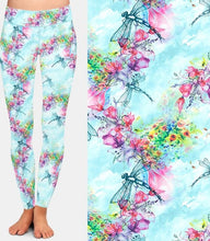 Load image into Gallery viewer, Ladies Dragonflies &amp; Flowers Printed Leggings