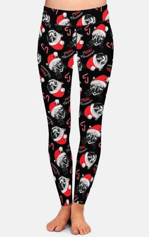 Ladies Christmas Black Cats & Santa Hats Printed Leggings