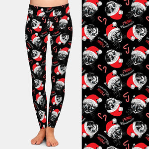Ladies Christmas Black Cats & Santa Hats Printed Leggings