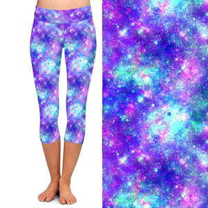 Ladies Blue/Purple Galaxy Printed Capri Leggings