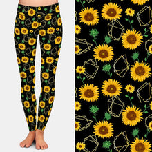 Laden Sie das Bild in den Galerie-Viewer, Ladies Gorgeous Gold Polygon &amp; Watercolour Sunflowers Printed Leggings