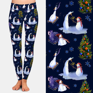 Ladies Winter Cute Snowmen & Christmas Trees Printed Leggings