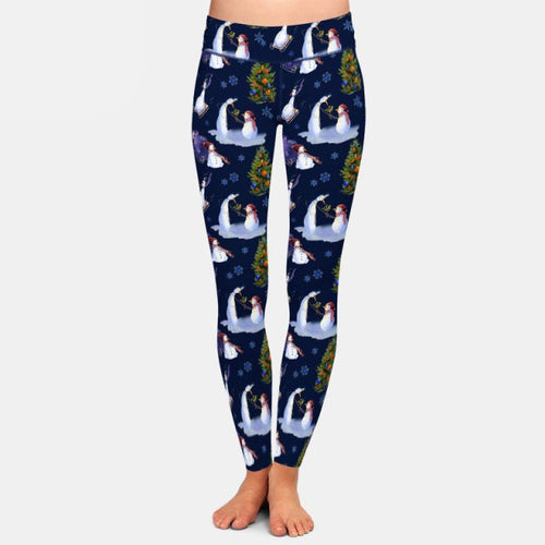 Ladies Winter Cute Snowmen & Christmas Trees Printed Leggings